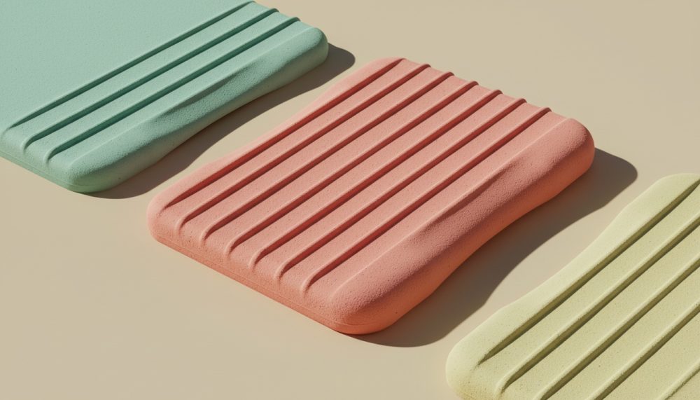 Três almofadas de viagem em espuma de cores pastel com linhas verticais sobre fundo bege