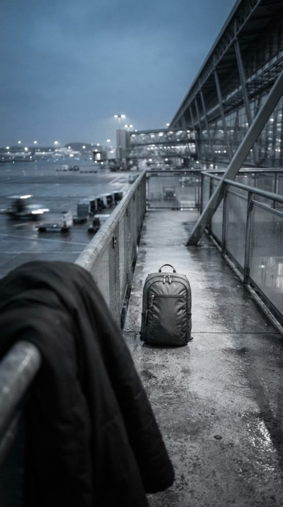 Mochila preta no corredor de aeroporto húmido ao amanhecer com casaco pendurado na barra metálica