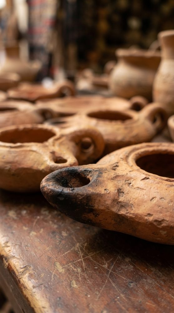 Lamparinas antigas em terracota dispostas sobre mesa de madeira rústica