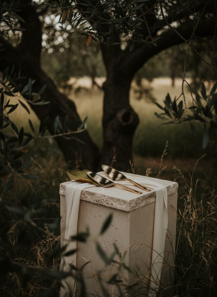 Talheres dourados sobre pedra com tecido branco em cenário campestre com árvores e vegetação