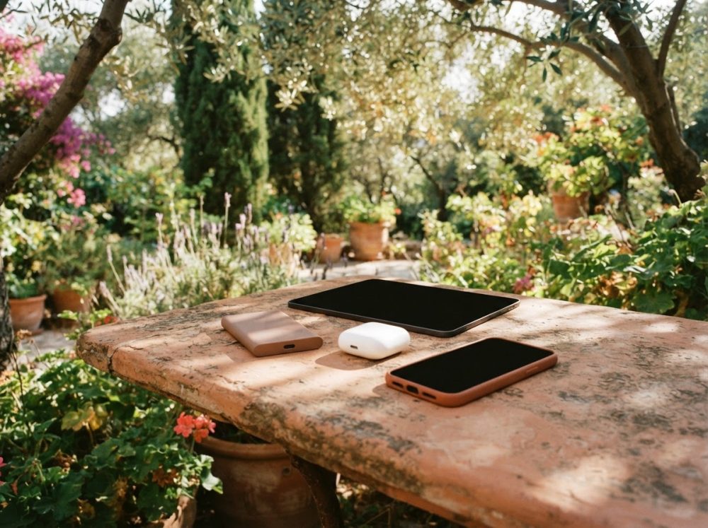 Mesa rústica com tablet, smartphone, carregador e auriculares rodeada de jardim florido ao sol