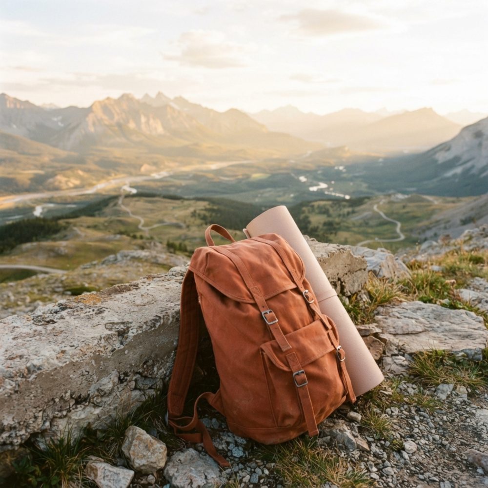 Mochila de campismo castanha com tapete enrolado numa rocha, vista para montanhas ao pôr do sol