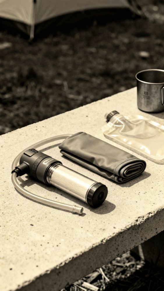 Filtro de água portátil, bolsa dobrável e caneca metálica para campismo sobre superfície clara