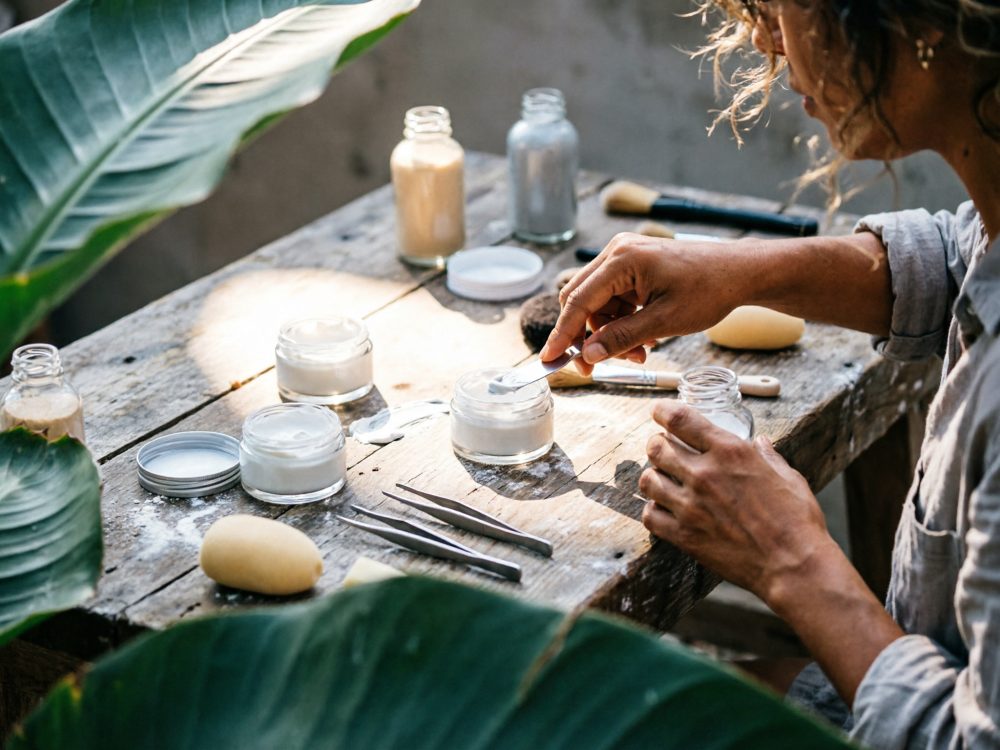 Pessoa mexe creme em frascos sobre mesa rústica com utensílios e folhas verdes ao redor