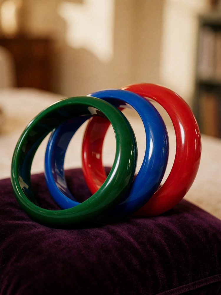 Três pulseiras de resina coloridas empilhadas sobre almofada roxa