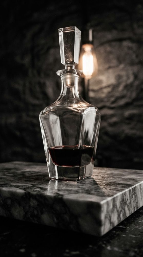 Garrafa de cristal com vinho tinto sobre base de mármore e fundo escuro com luz quente