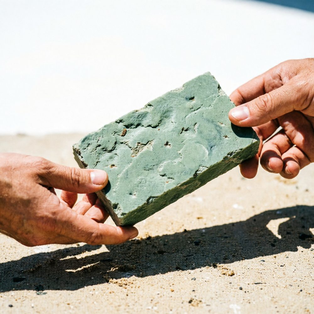 Duas mãos a passar uma pedra verde sobre solo arenoso com sombra destacada.