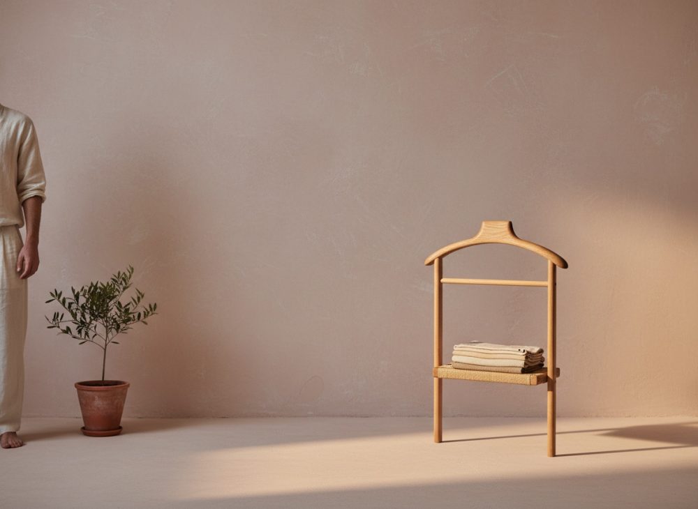 Cabide moderno em madeira clara com prateleira e planta em vaso num ambiente minimalista de tons neutros