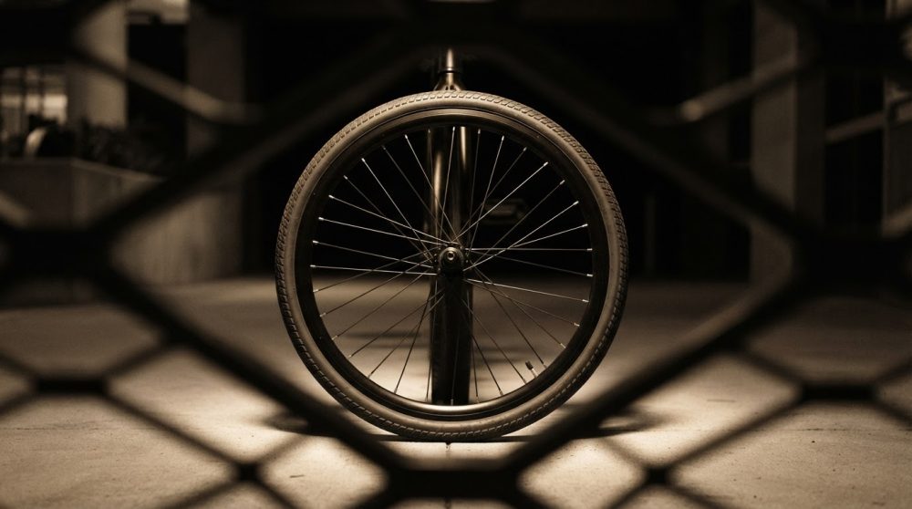 Roda de bicicleta vista de frente num ambiente urbano escuro com iluminação focada