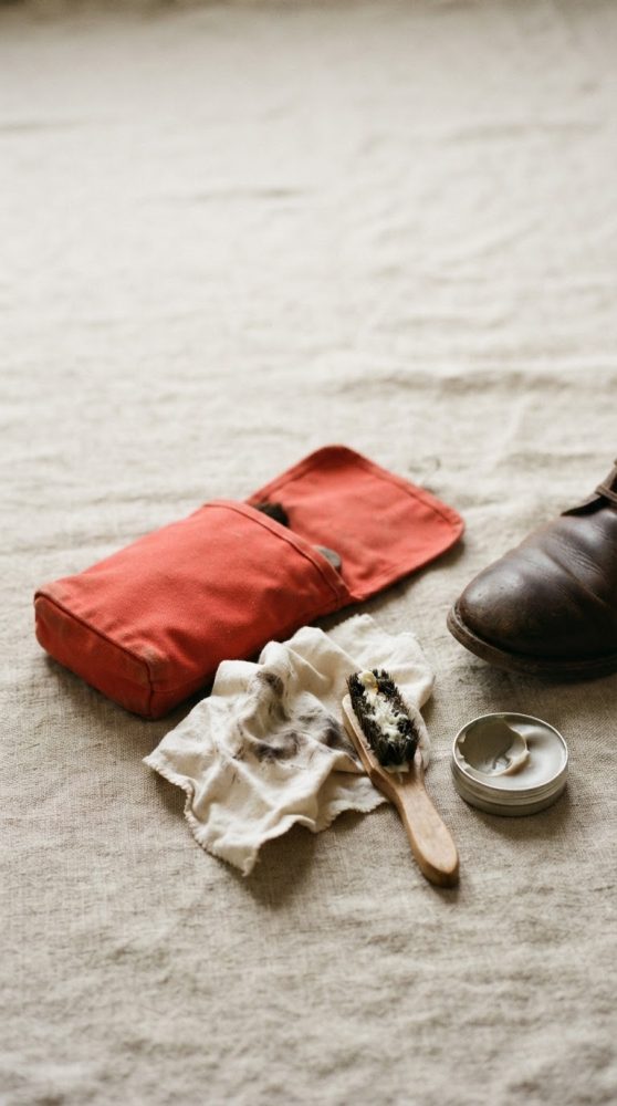 Kit de limpeza para calçado com escova, pano sujo, pasta e estojo vermelho junto a bota castanha.