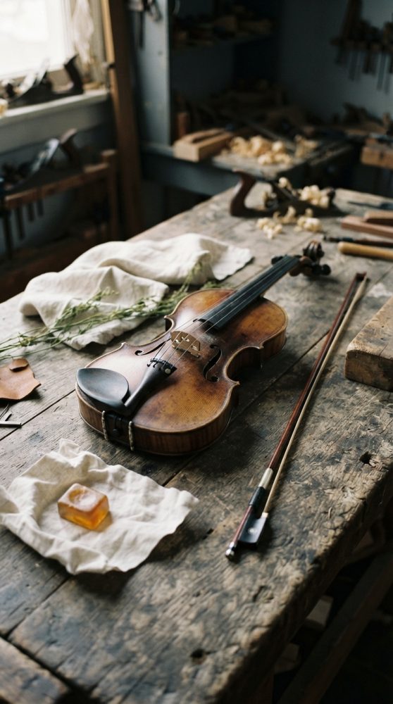 Violino clássico e arco sobre mesa de madeira rústica com flores e resina