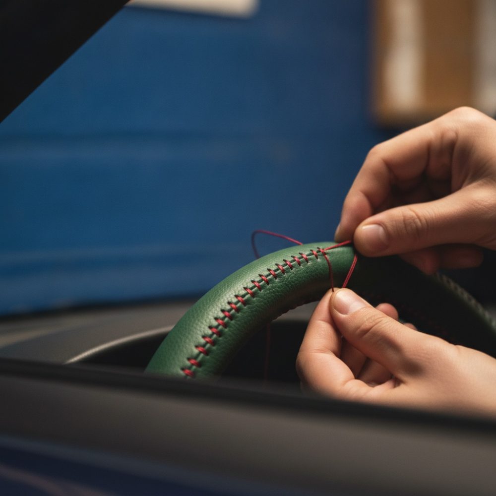 Mãos a coser volante de carro verde com linha vermelha, foco em costura artesanal