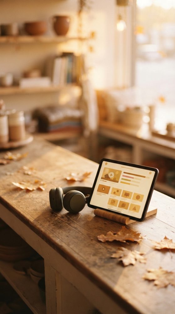 Tablet em suporte de madeira com interface digital e auscultadores sobre mesa de madeira com folhas secas