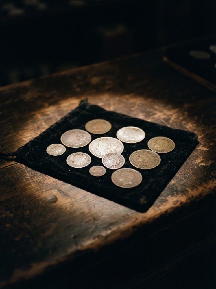 Moedas antigas variadas sobre saco de veludo preto numa mesa de madeira rústica