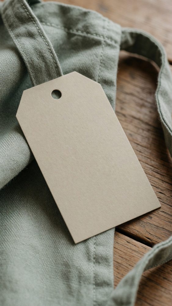Etiqueta em papel kraft sobre tecido verde com fundo de madeira natural