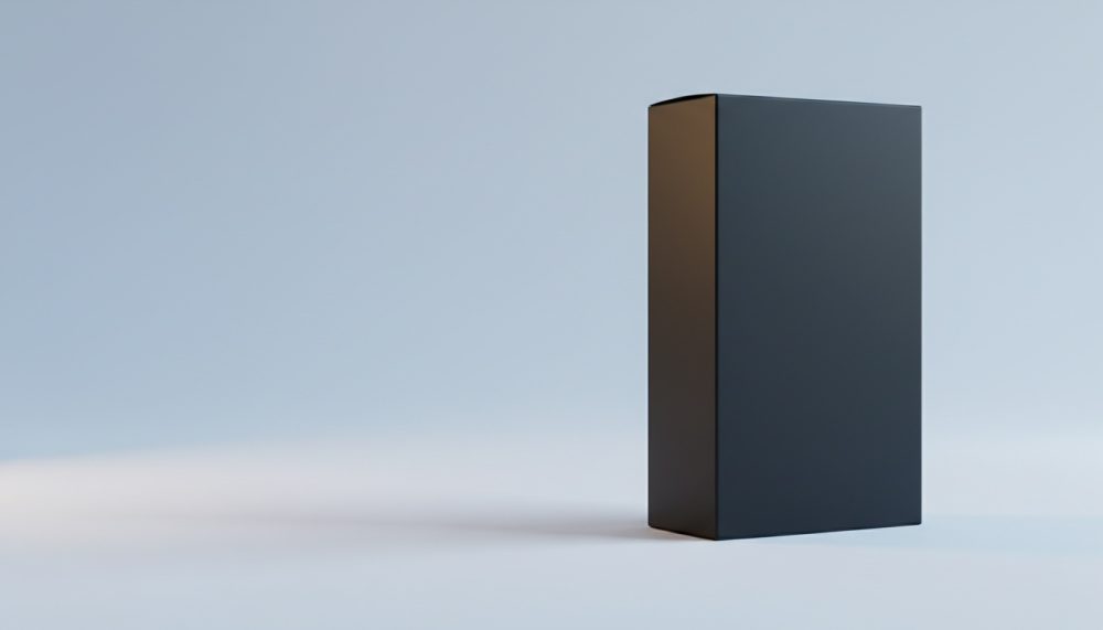 Caixa preta minimalista sobre fundo cinzento para mockup de produto
