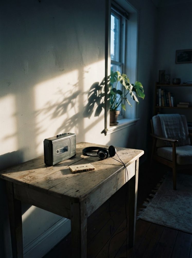 Mesa de madeira com rádio cassete vintage, auscultadores e cassete junto a uma janela com luz natural