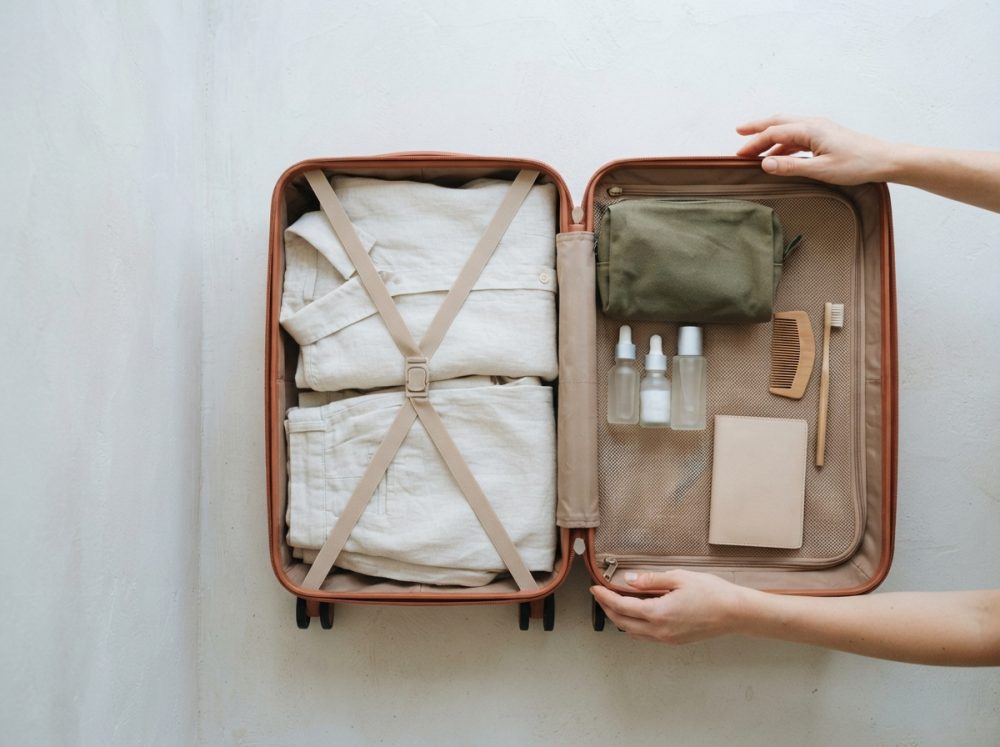 Mala de viagem aberta com roupas claras dobradas e acessórios pessoais organizados
