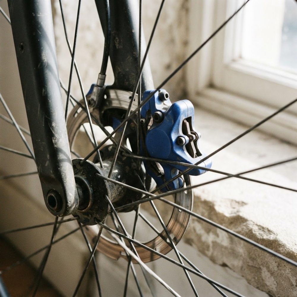 Detalhe do sistema de travagem a disco de bicicleta com pinça azul e raios metálicos junto a uma janela