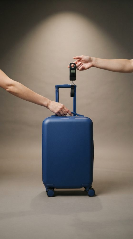 Mala de viagem azul com rodas e balança digital a ser pesada por duas mãos em fundo neutro