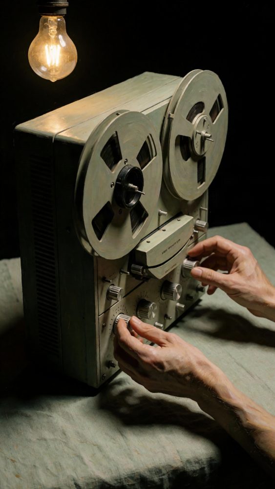 Gravador vintage com bobinas e mãos a ajustar botões iluminado por lâmpada quente