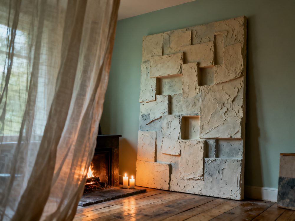 Escultura abstrata em relevo com velas acesas junto à lareira num ambiente acolhedor
