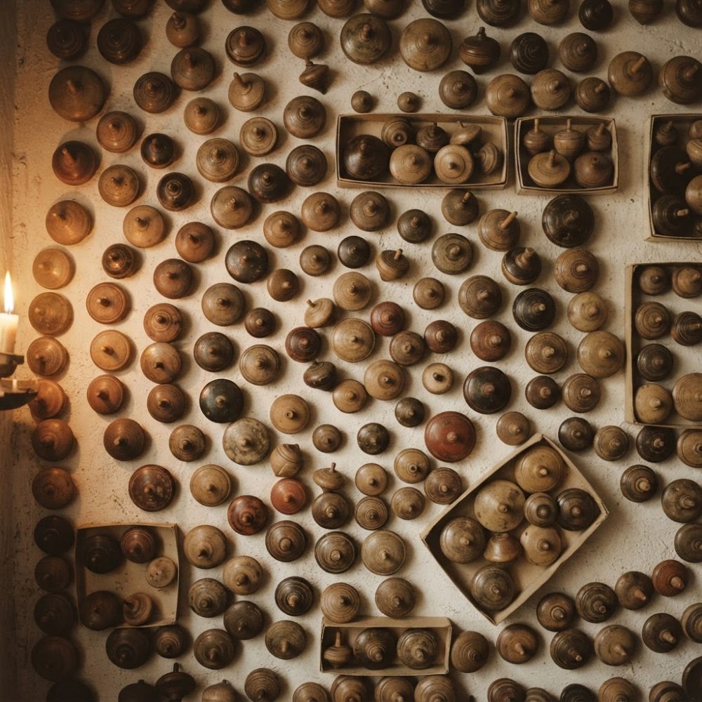 Coleção de piões de madeira vintage em diferentes tons organizados numa parede clara
