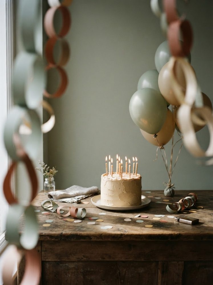 Bolo de aniversário com velas acesas na mesa rústica decorada com balões e fitas coloridas