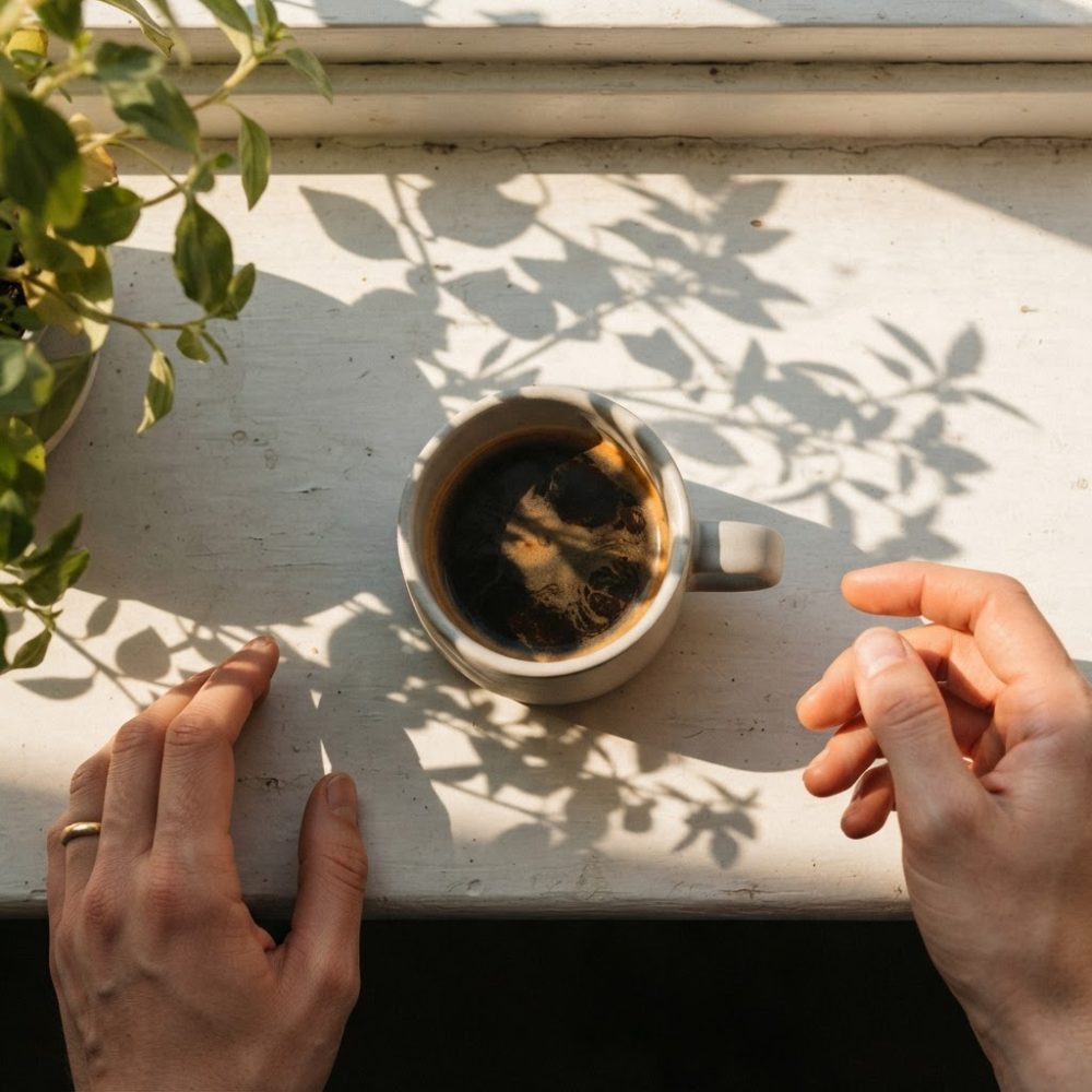 Chávena de café expresso sobre mesa branca com sombra de folhas e duas mãos ao redor