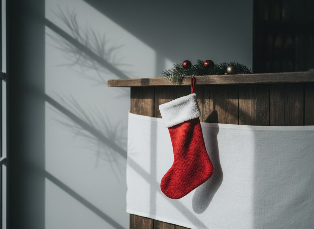 Meia de Natal vermelha pendurada num painel de madeira com ramos e bolas de Natal decorativas