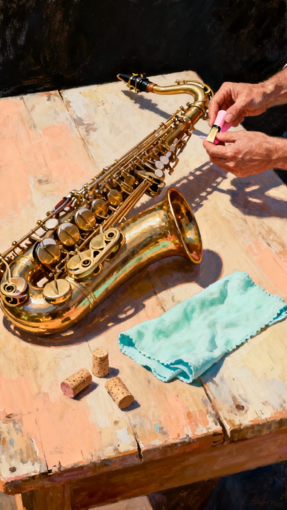 Saxofone dourado sobre mesa de madeira com palheta rosa e pano azul, mãos a preparar palheta