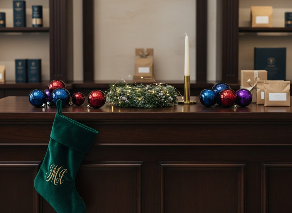 Meia verde pendurada em móvel com bolas de Natal coloridas, coroa iluminada e velas douradas
