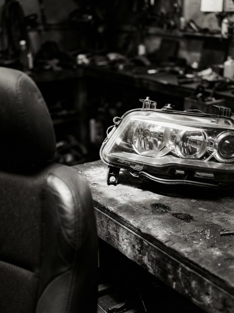 Farol automóvel sobre bancada de madeira numa oficina com banco automóvel ao lado