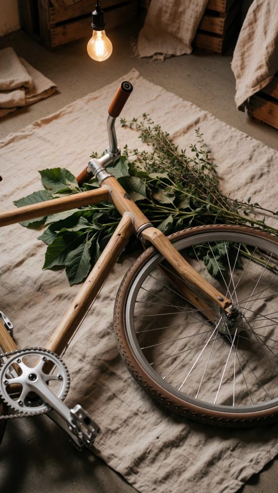 Bicicleta em madeira deitada sobre tecido com folhas verdes e luz de lâmpada quente