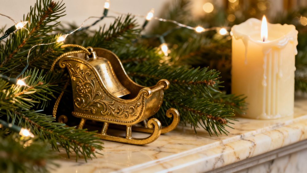 Trenó dourado decorativo ao lado de vela acesa e ramos de pinheiro com luzes de Natal.