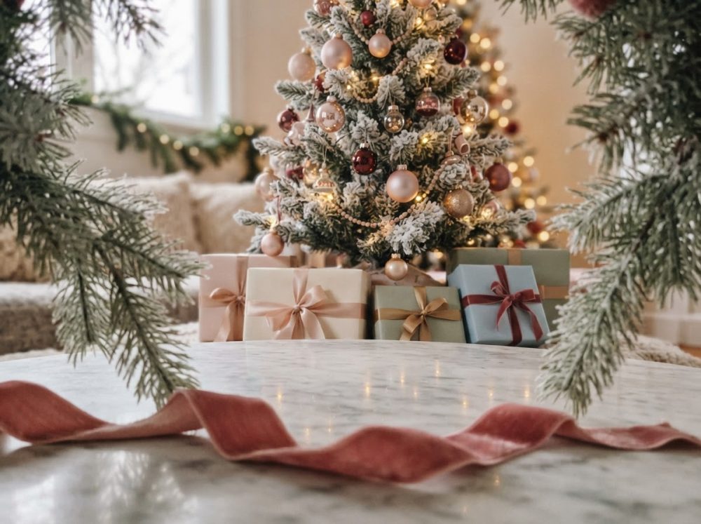 Árvore de Natal decorada com bolas e luzes, na base presentes com embrulhos em tons neutros sobre mesa de mármore.