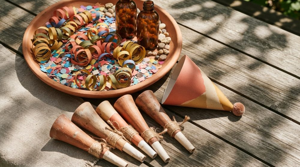 Artigos para festa com serpentinas, confetis, chapéu e cornetas sobre mesa rústica