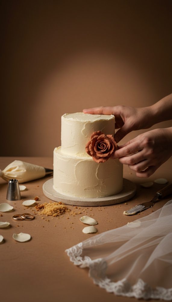Bolo de casamento de dois andares branco com flor de rosa castanha em açúcar e acessórios de confeitaria