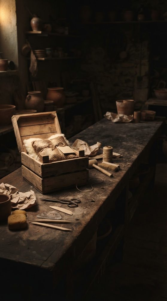 Caixa de madeira rústica aberta com pacote embalado artesanalmente numa bancada de oficina escura
