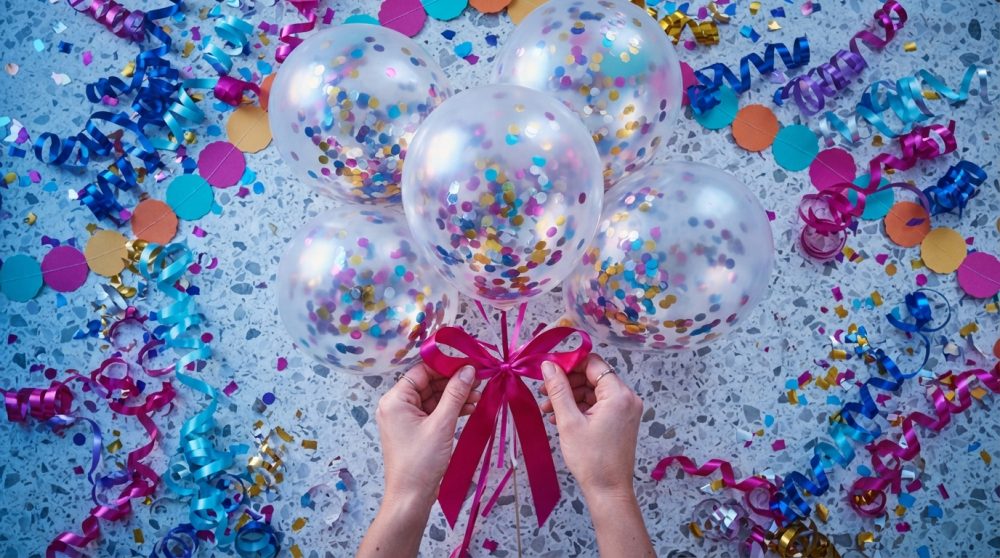 Mãos seguram cinco balões transparentes com confetis coloridos e fita rosa sobre superfície com serpentinas