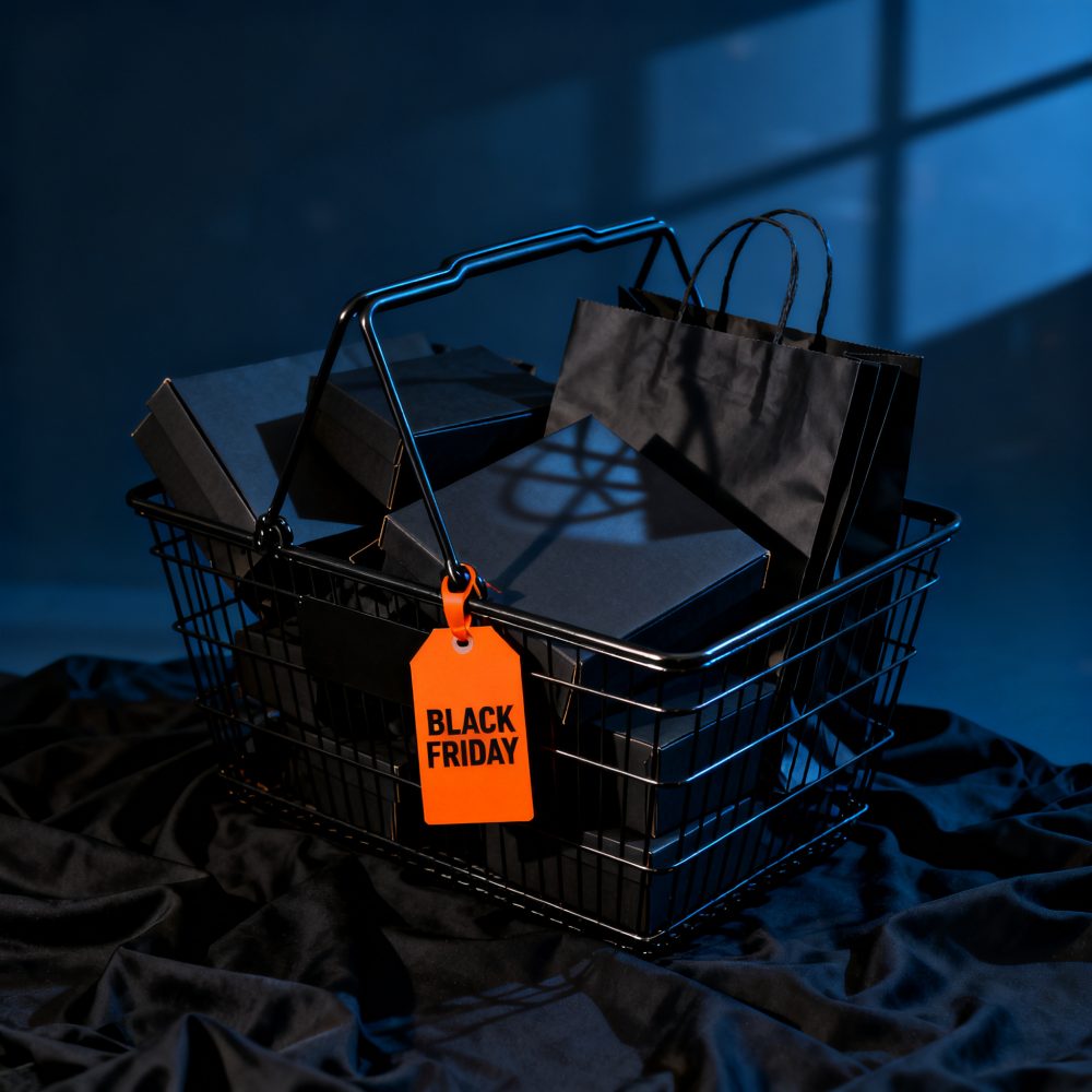 Cesto preto com caixas e saco de compras com etiqueta laranja Black Friday
