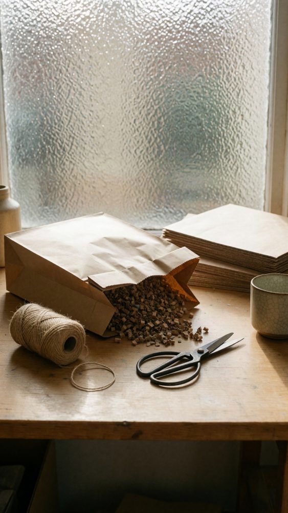 Saco de papel aberto com aparas de cortiça, fio de juta, tesoura e sacos empilhados à luz natural