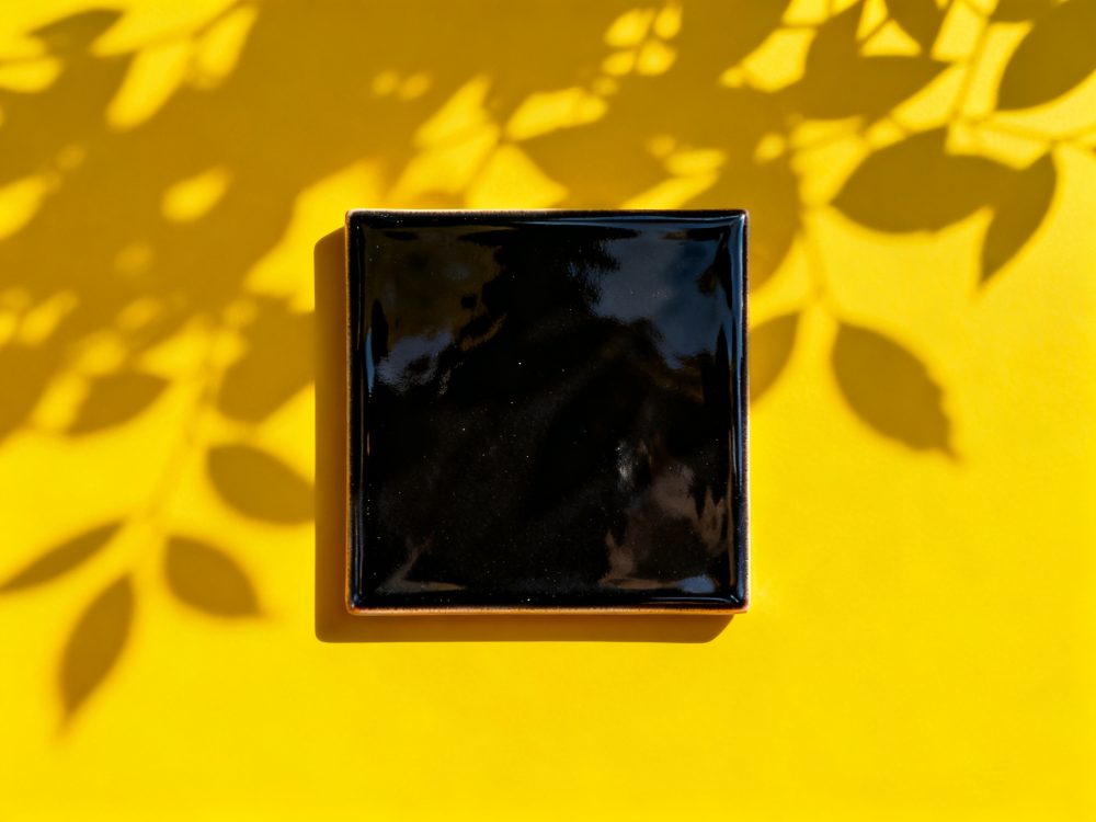 Prato quadrado preto com brilho sobre fundo amarelo com sombras de folhas