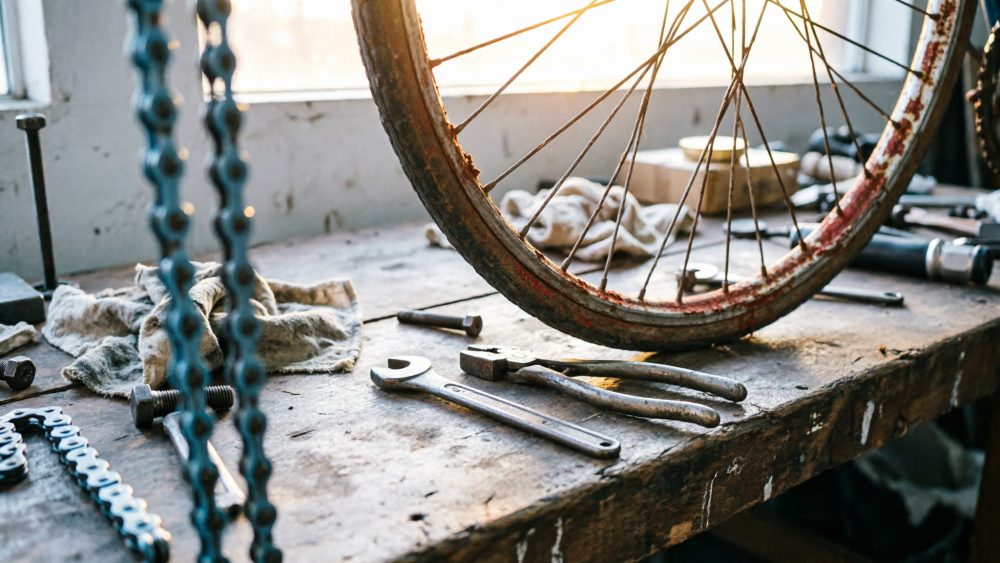 Roda de bicicleta antiga com ferrugem e ferramentas num banco de oficina iluminado pela luz natural