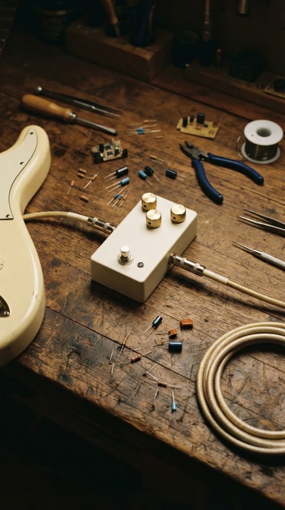Pedal de efeito ligado a guitarra elétrica numa bancada com ferramentas e componentes eletrónicos