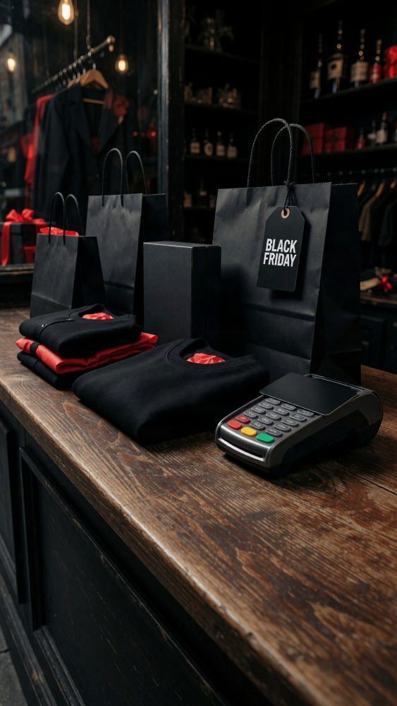 Sacos de compras pretos com etiqueta Black Friday, roupas dobradas e máquina de pagamento num balcão de madeira escura