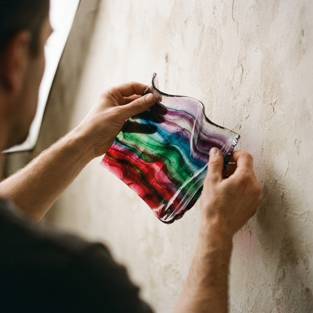 Mãos segurando vidro artístico ondulado colorido junto a uma parede clara texturada