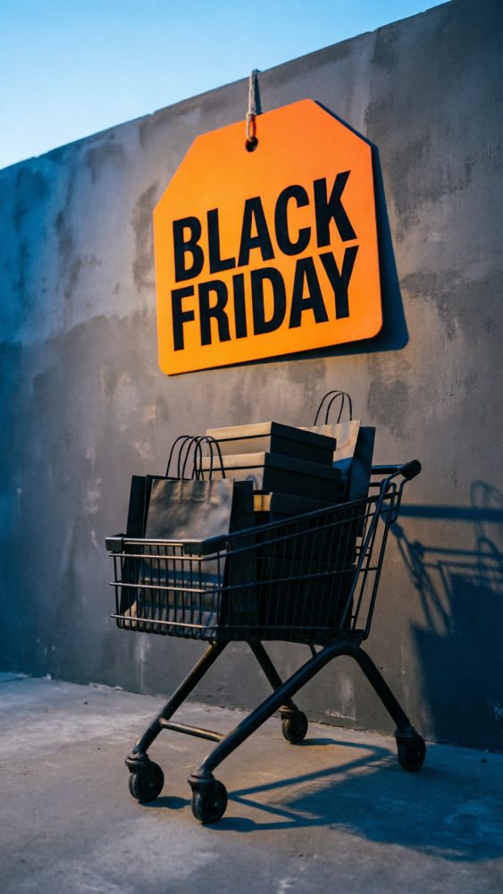 Carrinho de compras preto cheio de caixas sob sinal laranja com texto Black Friday numa parede cinzenta