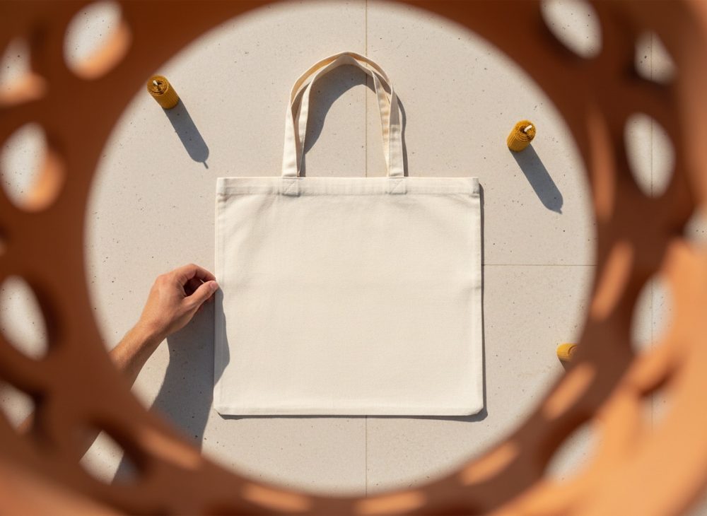 Saco de pano branco com alças pendurado em fundo claro com moldura circular laranja.