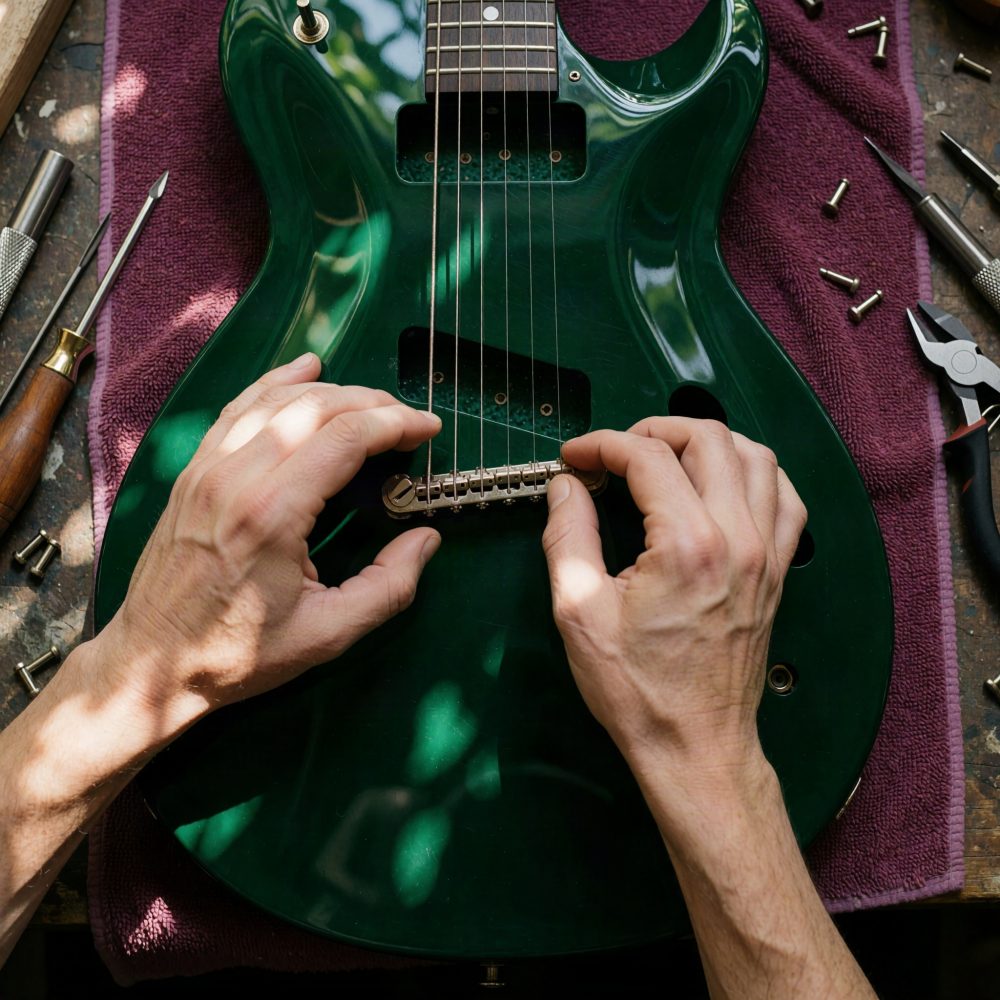 Mãos afinando guitarra elétrica verde com ferramentas à volta sobre tolha roxa